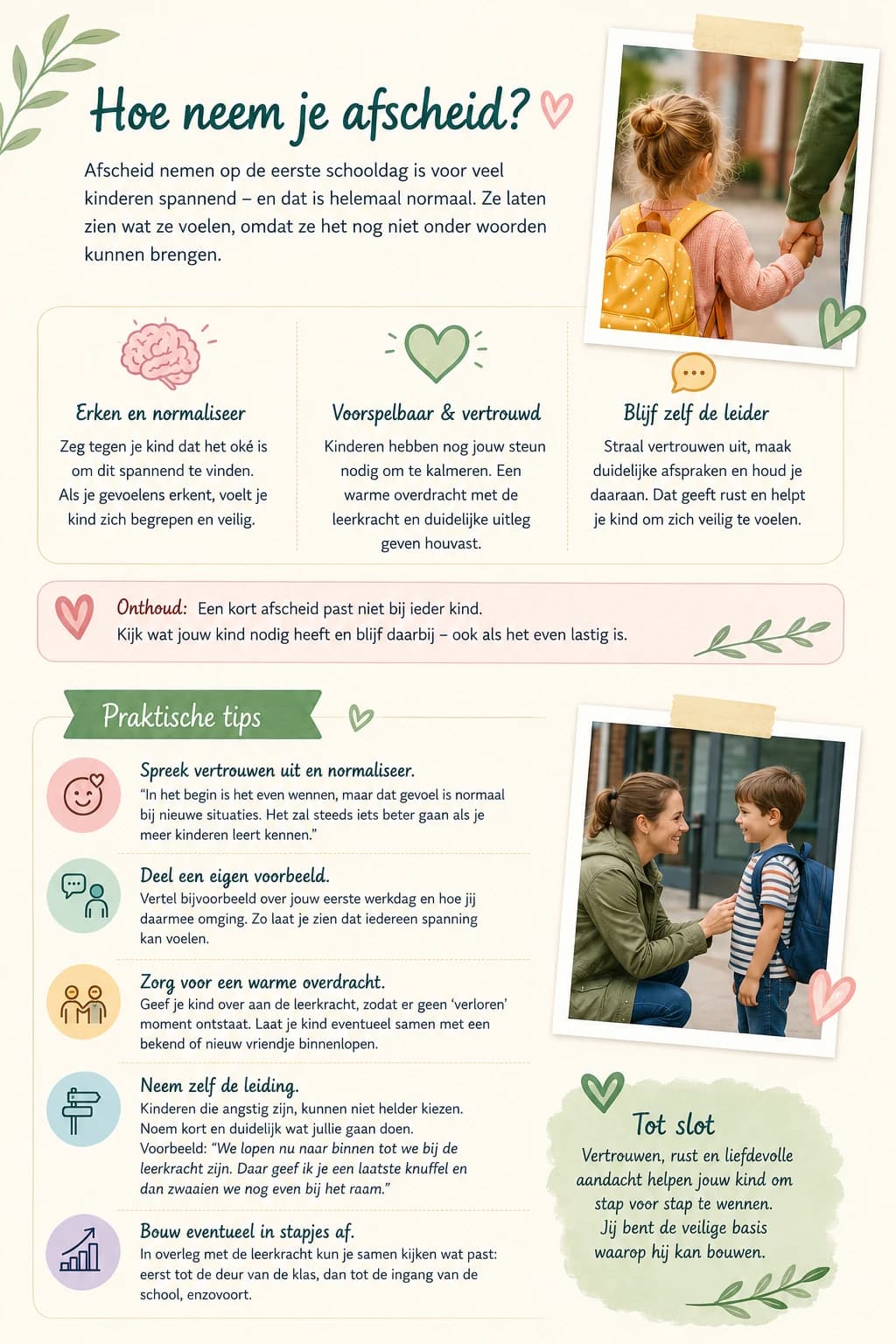 Overzicht: hoe je afscheid neemt: erken en normaliseer, voorspelbaar én vertrouwd, blijf zelf de leider, plus praktische tips.