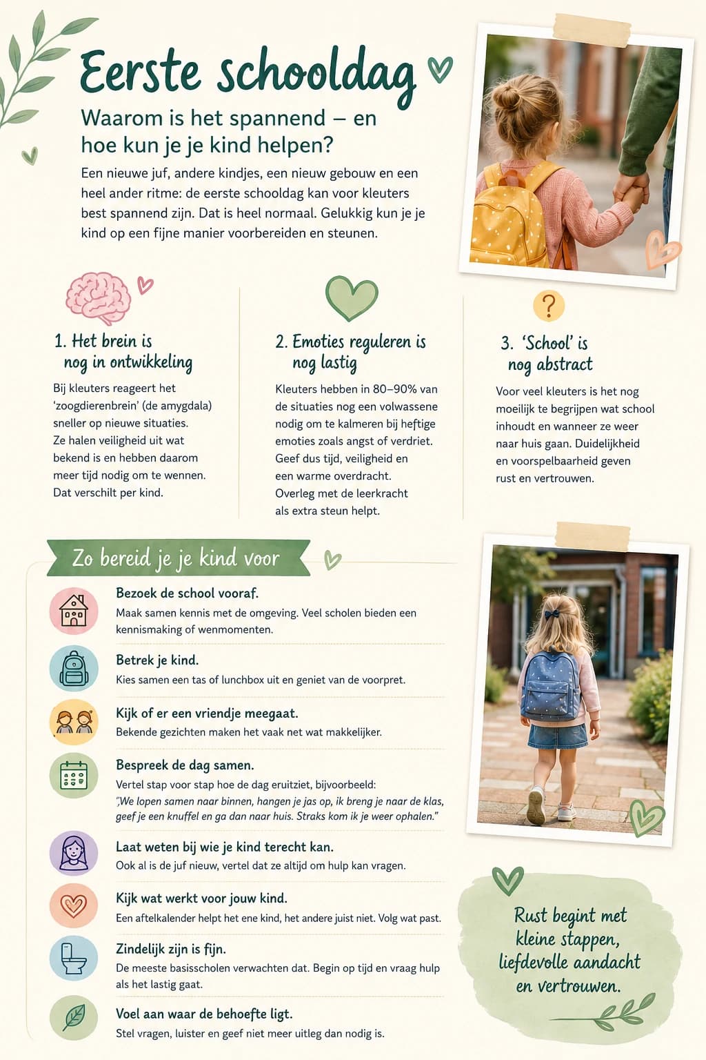 Overzicht: waarom een eerste schooldag spannend is (brein nog in ontwikkeling, emoties reguleren, ‘school’ is abstract) en hoe je je kind voorbereidt.